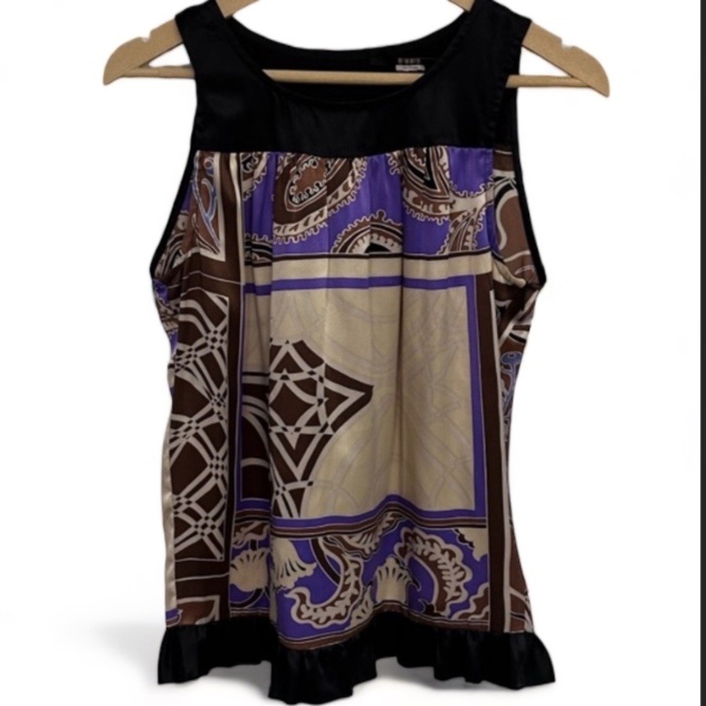 Single Ladies Printed Sleeveless Silky Style Blouse | Ruffled Trim Size S EUC